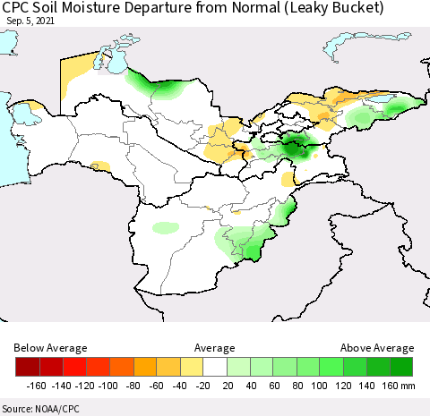Central Asia CPC Soil Moisture Departure from Normal (Leaky Bucket) Thematic Map For 9/1/2021 - 9/5/2021
