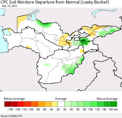 Central Asia CPC Soil Moisture Departure from Normal (Leaky Bucket) Thematic Map For 9/6/2021 - 9/10/2021