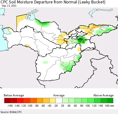 Central Asia CPC Soil Moisture Departure from Normal (Leaky Bucket) Thematic Map For 9/11/2021 - 9/15/2021