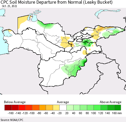 Central Asia CPC Soil Moisture Departure from Normal (Leaky Bucket) Thematic Map For 10/21/2021 - 10/25/2021