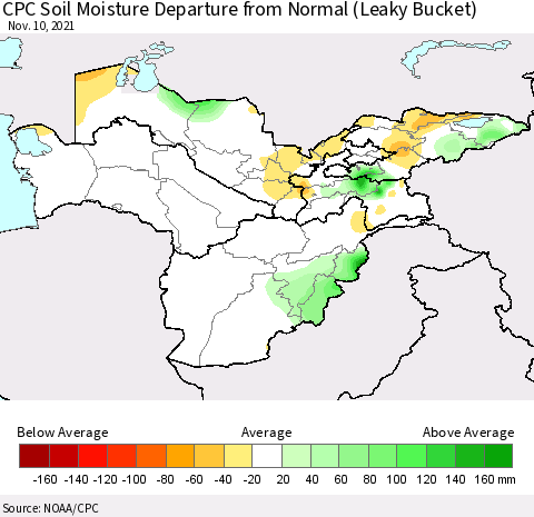 Central Asia CPC Soil Moisture Departure from Normal (Leaky Bucket) Thematic Map For 11/6/2021 - 11/10/2021