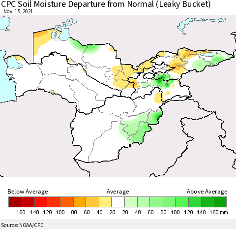 Central Asia CPC Soil Moisture Departure from Normal (Leaky Bucket) Thematic Map For 11/11/2021 - 11/15/2021