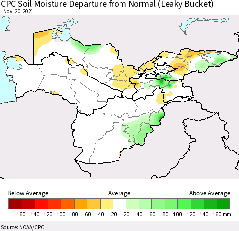 Central Asia CPC Soil Moisture Departure from Normal (Leaky Bucket) Thematic Map For 11/16/2021 - 11/20/2021