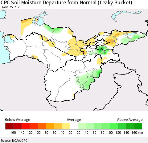 Central Asia CPC Soil Moisture Departure from Normal (Leaky Bucket) Thematic Map For 11/21/2021 - 11/25/2021