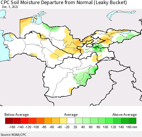 Central Asia CPC Soil Moisture Departure from Normal (Leaky Bucket) Thematic Map For 12/1/2021 - 12/5/2021