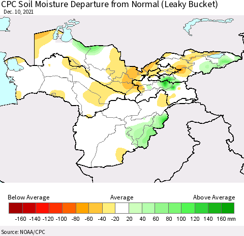 Central Asia CPC Soil Moisture Departure from Normal (Leaky Bucket) Thematic Map For 12/6/2021 - 12/10/2021