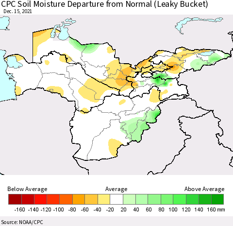 Central Asia CPC Soil Moisture Departure from Normal (Leaky Bucket) Thematic Map For 12/11/2021 - 12/15/2021