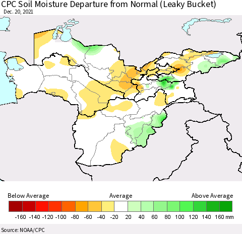 Central Asia CPC Soil Moisture Departure from Normal (Leaky Bucket) Thematic Map For 12/16/2021 - 12/20/2021