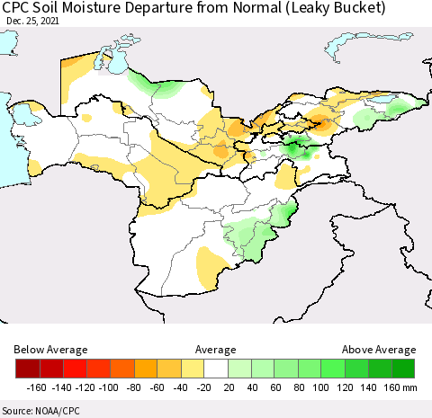 Central Asia CPC Soil Moisture Departure from Normal (Leaky Bucket) Thematic Map For 12/21/2021 - 12/25/2021