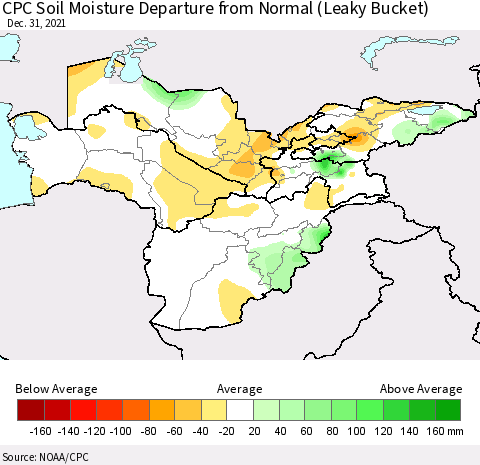Central Asia CPC Soil Moisture Departure from Normal (Leaky Bucket) Thematic Map For 12/26/2021 - 12/31/2021
