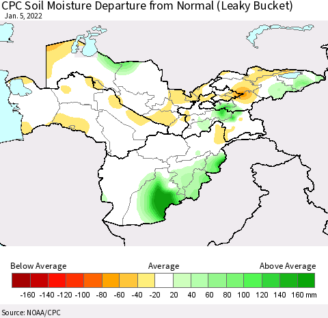 Central Asia CPC Soil Moisture Departure from Normal (Leaky Bucket) Thematic Map For 1/1/2022 - 1/5/2022