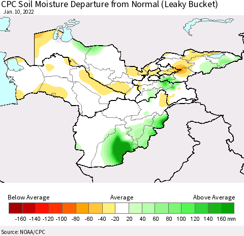 Central Asia CPC Soil Moisture Departure from Normal (Leaky Bucket) Thematic Map For 1/6/2022 - 1/10/2022