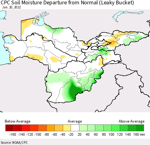 Central Asia CPC Soil Moisture Departure from Normal (Leaky Bucket) Thematic Map For 1/16/2022 - 1/20/2022