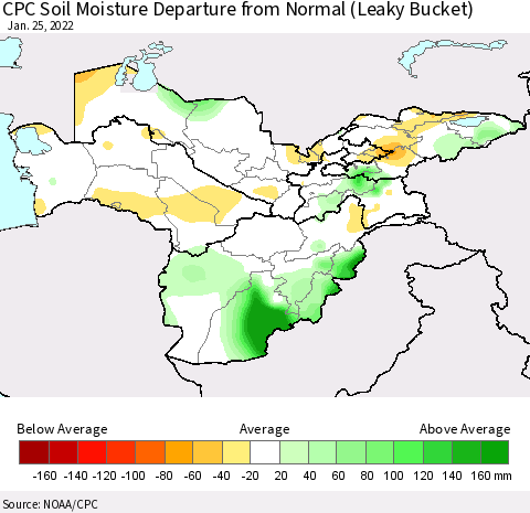 Central Asia CPC Soil Moisture Departure from Normal (Leaky Bucket) Thematic Map For 1/21/2022 - 1/25/2022