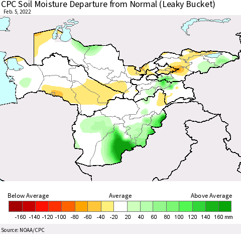 Central Asia CPC Soil Moisture Departure from Normal (Leaky Bucket) Thematic Map For 2/1/2022 - 2/5/2022