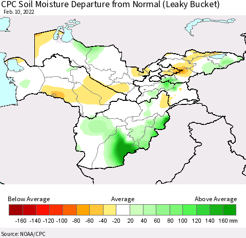 Central Asia CPC Soil Moisture Departure from Normal (Leaky Bucket) Thematic Map For 2/6/2022 - 2/10/2022