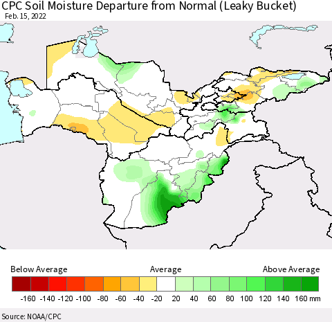 Central Asia CPC Soil Moisture Departure from Normal (Leaky Bucket) Thematic Map For 2/11/2022 - 2/15/2022