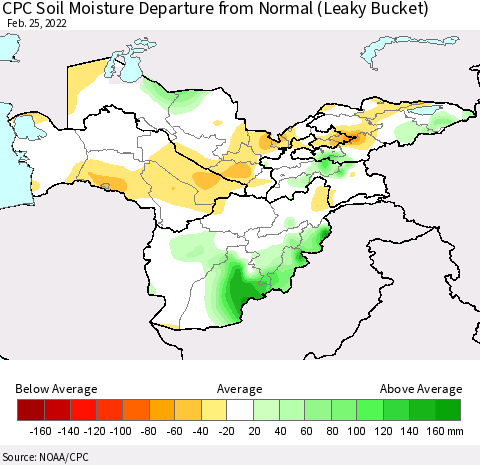 Central Asia CPC Soil Moisture Departure from Normal (Leaky Bucket) Thematic Map For 2/21/2022 - 2/25/2022