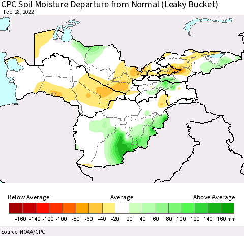 Central Asia CPC Soil Moisture Departure from Normal (Leaky Bucket) Thematic Map For 2/26/2022 - 2/28/2022