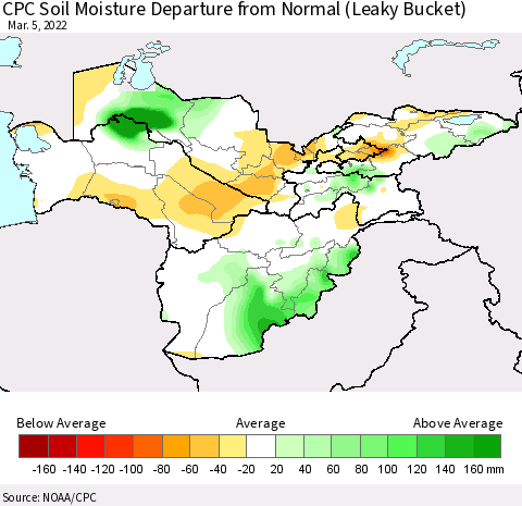 Central Asia CPC Soil Moisture Departure from Normal (Leaky Bucket) Thematic Map For 3/1/2022 - 3/5/2022
