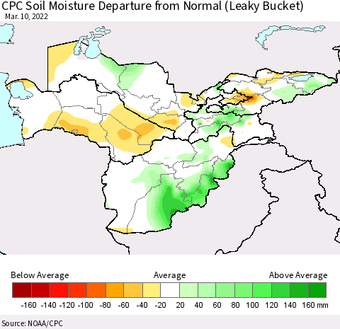 Central Asia CPC Soil Moisture Departure from Normal (Leaky Bucket) Thematic Map For 3/6/2022 - 3/10/2022