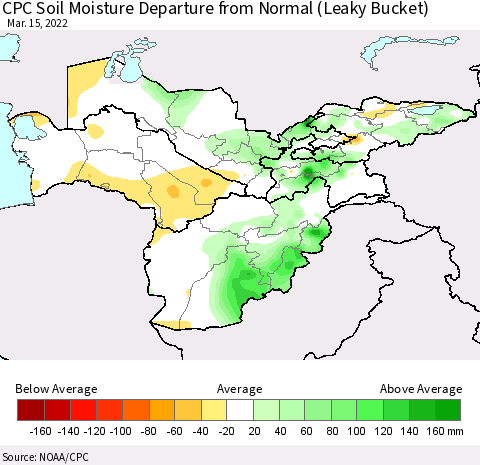 Central Asia CPC Soil Moisture Departure from Normal (Leaky Bucket) Thematic Map For 3/11/2022 - 3/15/2022