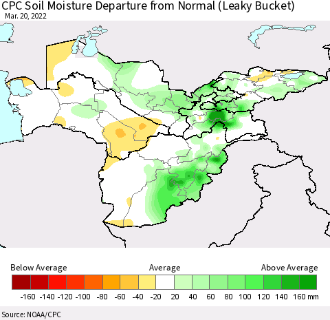 Central Asia CPC Soil Moisture Departure from Normal (Leaky Bucket) Thematic Map For 3/16/2022 - 3/20/2022