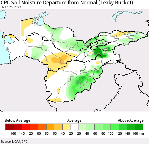 Central Asia CPC Soil Moisture Departure from Normal (Leaky Bucket) Thematic Map For 3/21/2022 - 3/25/2022
