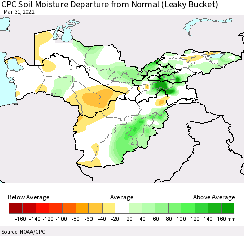 Central Asia CPC Soil Moisture Departure from Normal (Leaky Bucket) Thematic Map For 3/26/2022 - 3/31/2022