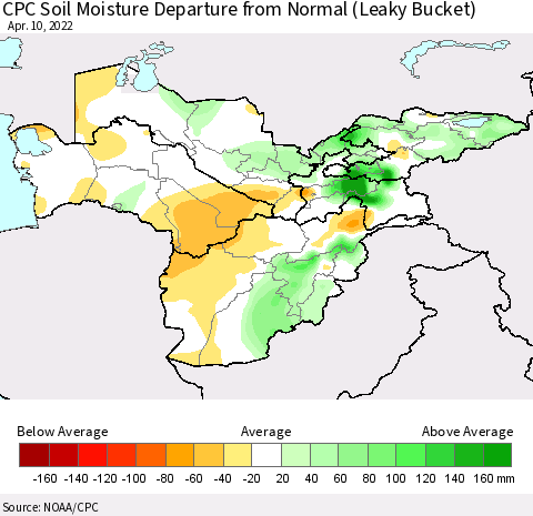 Central Asia CPC Soil Moisture Departure from Normal (Leaky Bucket) Thematic Map For 4/6/2022 - 4/10/2022