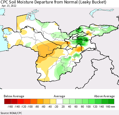 Central Asia CPC Soil Moisture Departure from Normal (Leaky Bucket) Thematic Map For 4/11/2022 - 4/15/2022