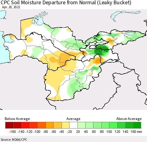 Central Asia CPC Soil Moisture Departure from Normal (Leaky Bucket) Thematic Map For 4/16/2022 - 4/20/2022