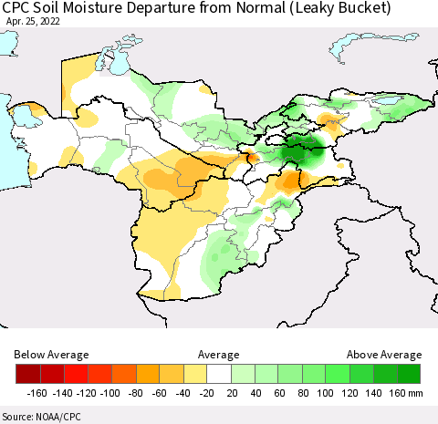 Central Asia CPC Soil Moisture Departure from Normal (Leaky Bucket) Thematic Map For 4/21/2022 - 4/25/2022