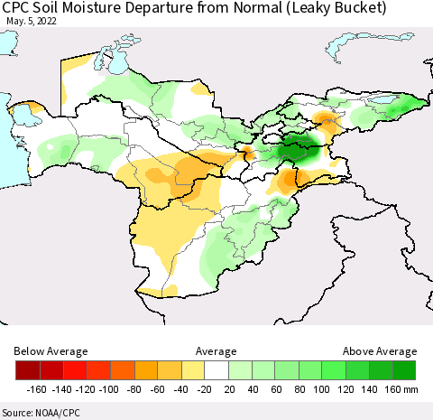 Central Asia CPC Soil Moisture Departure from Normal (Leaky Bucket) Thematic Map For 5/1/2022 - 5/5/2022