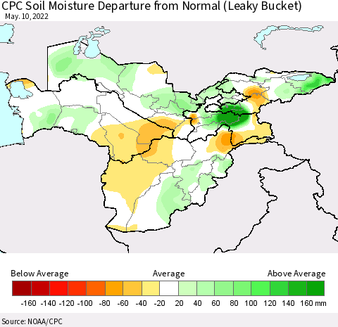 Central Asia CPC Soil Moisture Departure from Normal (Leaky Bucket) Thematic Map For 5/6/2022 - 5/10/2022