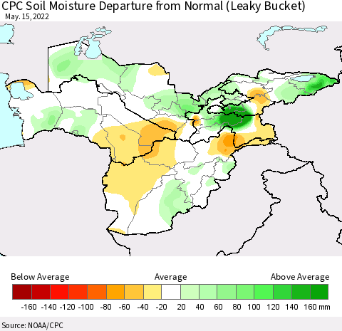 Central Asia CPC Soil Moisture Departure from Normal (Leaky Bucket) Thematic Map For 5/11/2022 - 5/15/2022