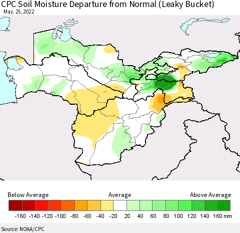 Central Asia CPC Soil Moisture Departure from Normal (Leaky Bucket) Thematic Map For 5/21/2022 - 5/25/2022