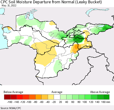 Central Asia CPC Soil Moisture Departure from Normal (Leaky Bucket) Thematic Map For 5/26/2022 - 5/31/2022