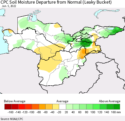 Central Asia CPC Soil Moisture Departure from Normal (Leaky Bucket) Thematic Map For 6/1/2022 - 6/5/2022
