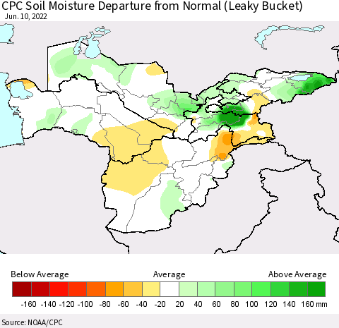 Central Asia CPC Soil Moisture Departure from Normal (Leaky Bucket) Thematic Map For 6/6/2022 - 6/10/2022