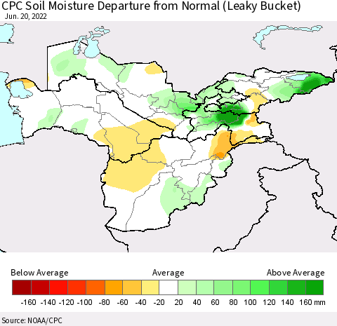 Central Asia CPC Soil Moisture Departure from Normal (Leaky Bucket) Thematic Map For 6/16/2022 - 6/20/2022