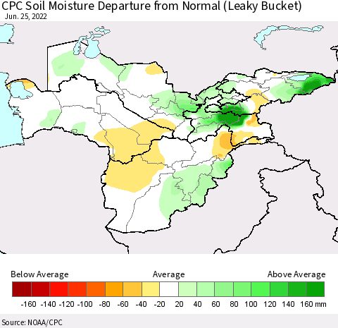 Central Asia CPC Soil Moisture Departure from Normal (Leaky Bucket) Thematic Map For 6/21/2022 - 6/25/2022