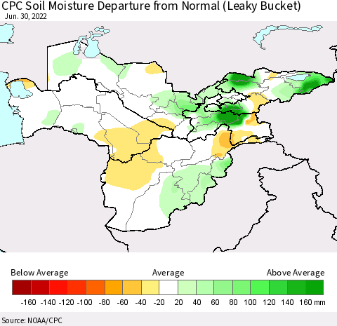 Central Asia CPC Soil Moisture Departure from Normal (Leaky Bucket) Thematic Map For 6/26/2022 - 6/30/2022