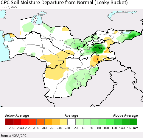 Central Asia CPC Soil Moisture Departure from Normal (Leaky Bucket) Thematic Map For 7/1/2022 - 7/5/2022