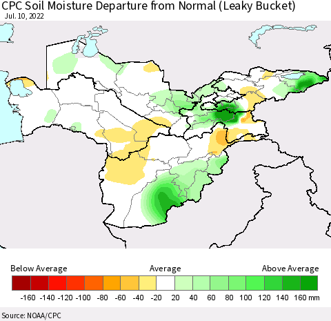 Central Asia CPC Soil Moisture Departure from Normal (Leaky Bucket) Thematic Map For 7/6/2022 - 7/10/2022