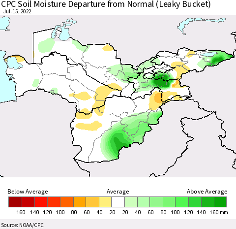 Central Asia CPC Soil Moisture Departure from Normal (Leaky Bucket) Thematic Map For 7/11/2022 - 7/15/2022