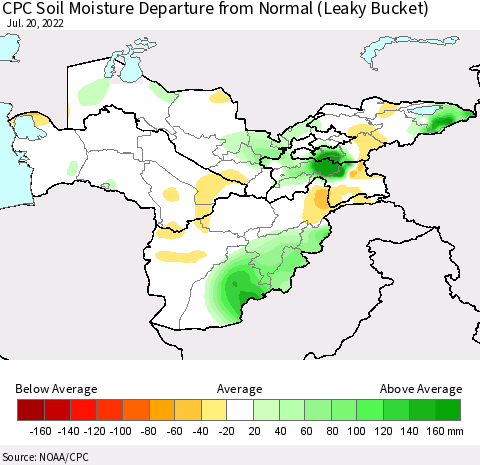 Central Asia CPC Soil Moisture Departure from Normal (Leaky Bucket) Thematic Map For 7/16/2022 - 7/20/2022