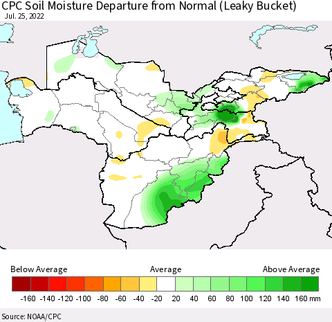Central Asia CPC Soil Moisture Departure from Normal (Leaky Bucket) Thematic Map For 7/21/2022 - 7/25/2022