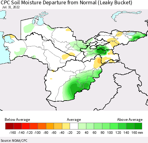 Central Asia CPC Soil Moisture Departure from Normal (Leaky Bucket) Thematic Map For 7/26/2022 - 7/31/2022