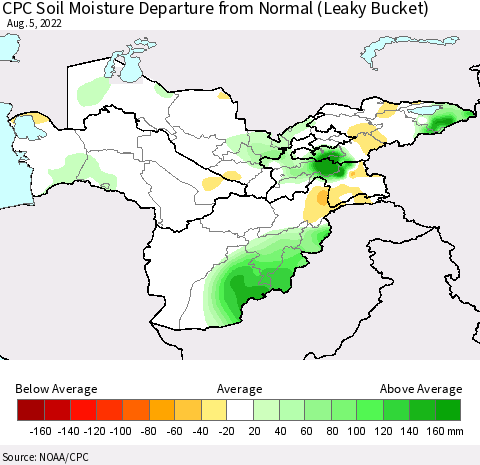 Central Asia CPC Soil Moisture Departure from Normal (Leaky Bucket) Thematic Map For 8/1/2022 - 8/5/2022